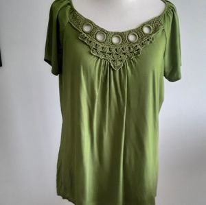 Dana Buchman Olive Green Macrame/Crochet Trim Top
